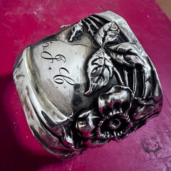 Art Nouveau Cuff Bracelet Floral Solid Sterling Silver 925 Antique Large - Picture 2 of 14